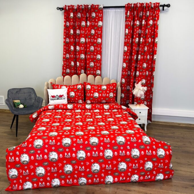 Set Lenjerie Pat Dublu 4 Piese + 2 Draperii 150x235cm din Bumbac Ranforsat – Confort si Eleganta, Fabricat in Romania, Rosu, Alb, Iepurasi