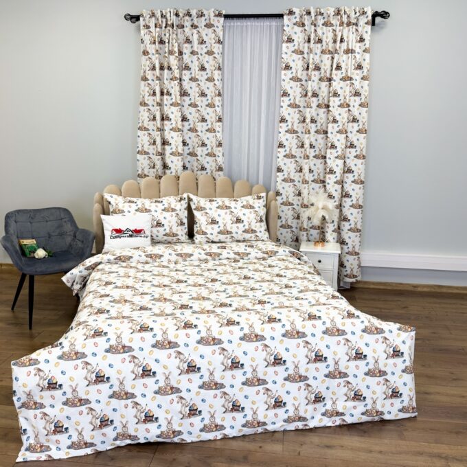 Set Lenjerie Pat Dublu 4 Piese + 2 Draperii 150x235cm din Bumbac Ranforsat – Confort si Eleganta, Fabricat in Romania, Alb, Iepurasi