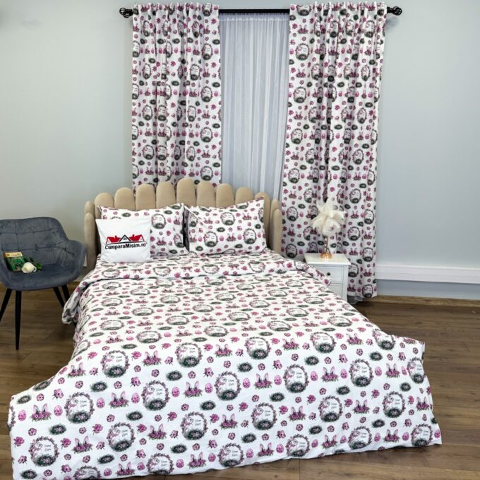 Set Lenjerie Pat Dublu 4 Piese + 2 Draperii 150x235cm din Bumbac Ranforsat – Confort si Eleganta, Fabricat in Romania, Alb, Lila, Iepurasi