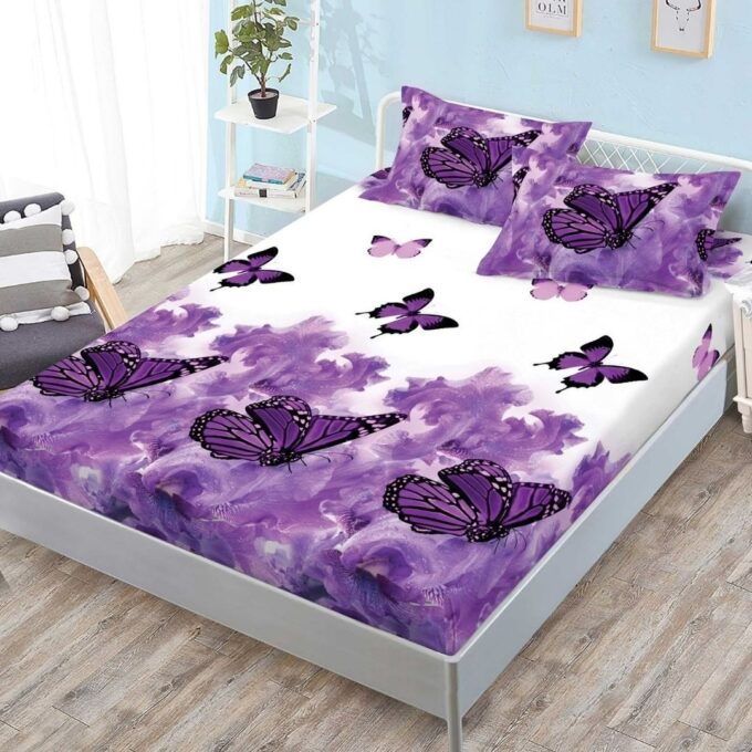 (OFERTA 3 la 159 Lei) Cearsaf cu elastic, FINET, 180x200cm, 2 fete de perne 50x70cm, Mov, fluturi