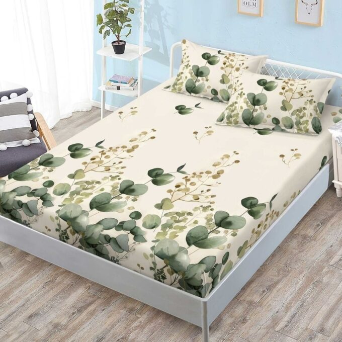 (OFERTA 3 la 159 Lei) Cearsaf cu elastic, FINET, 180x200cm, 2 fete de perne 50x70cm, Crem, Verde, frunze