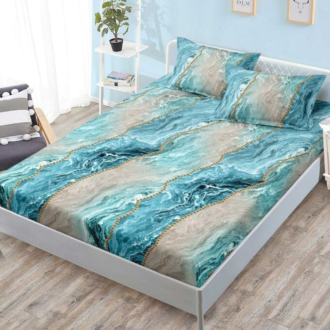 (OFERTA 3 la 159 Lei) Cearsaf cu elastic, FINET, 180x200cm, 2 fete de perne 50x70cm, Gri, Turquoise, Marmura