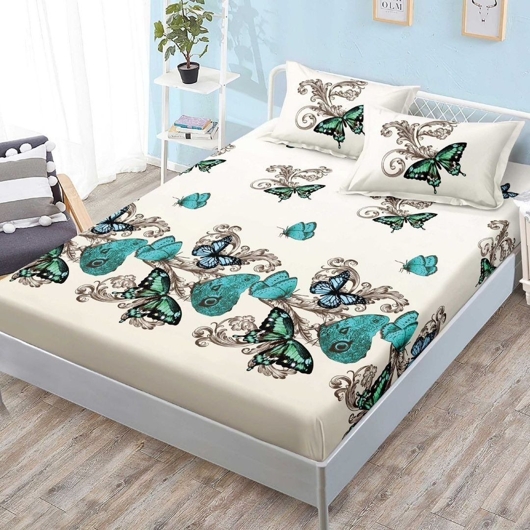 (OFERTA 3 la 159 Lei) Cearsaf cu elastic, FINET, 180x200cm, 2 fete de perne 50x70cm, Crem, Verde, Fluturi