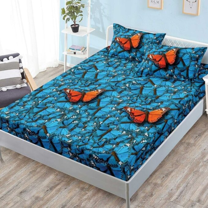 (OFERTA 3 la 159 Lei) Cearsaf cu elastic, FINET, 180x200cm, 2 fete de perne 50x70cm, Albastru, Fluturi