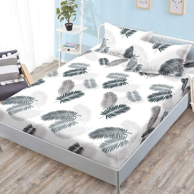 Cearsaf cu Elastic, Bumbac Satinat, 180x200 cm + 2 Fete de Perna 50x70 cm, Alb, Frunze