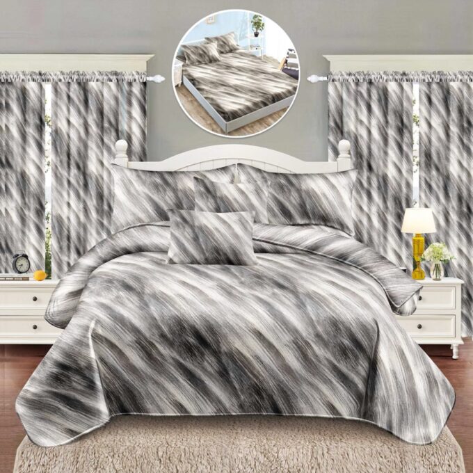 Set Lenjerie pat dublu cu Elastic (160x200cm, 180x200cm) + 2 draperii, finet, 8 piese, Gri, Model Clasic