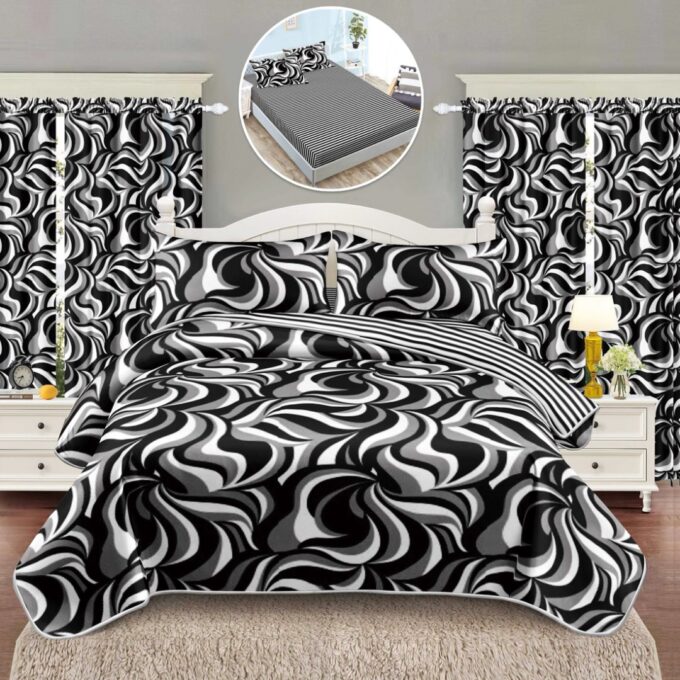 Set Lenjerie pat dublu cu Elastic (140x200cm) + 2 draperii, finet, 6 piese, Alb, Negru, Model Clasic