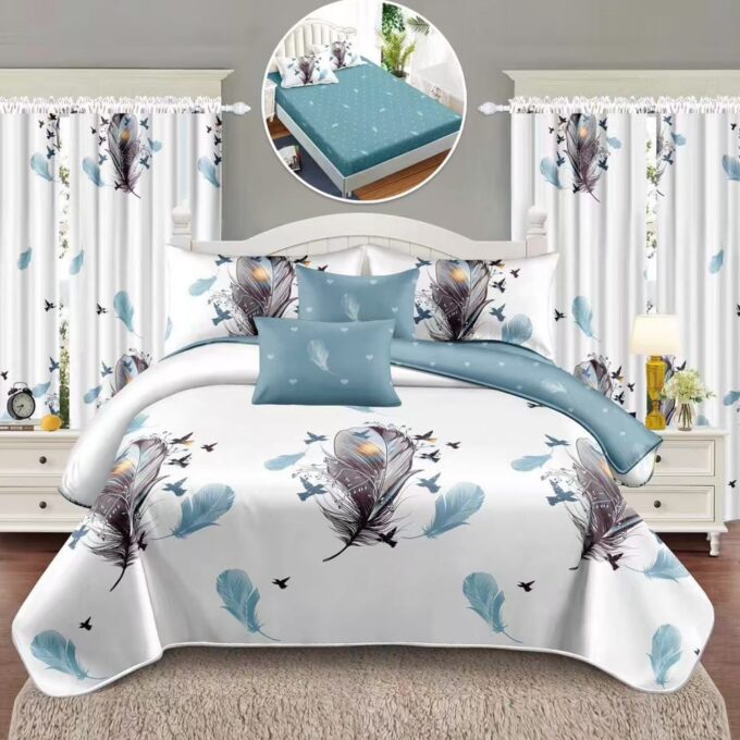 Set Lenjerie pat dublu cu Elastic (160x200cm, 180x200cm) + 2 draperii, finet, 8 piese, Alb, Bleu, pene
