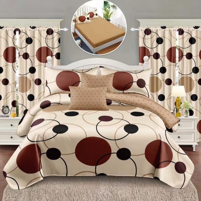 Set Lenjerie pat dublu cu Elastic (160x200cm, 180x200cm) + 2 draperii, finet, 8 piese, Maro, buline