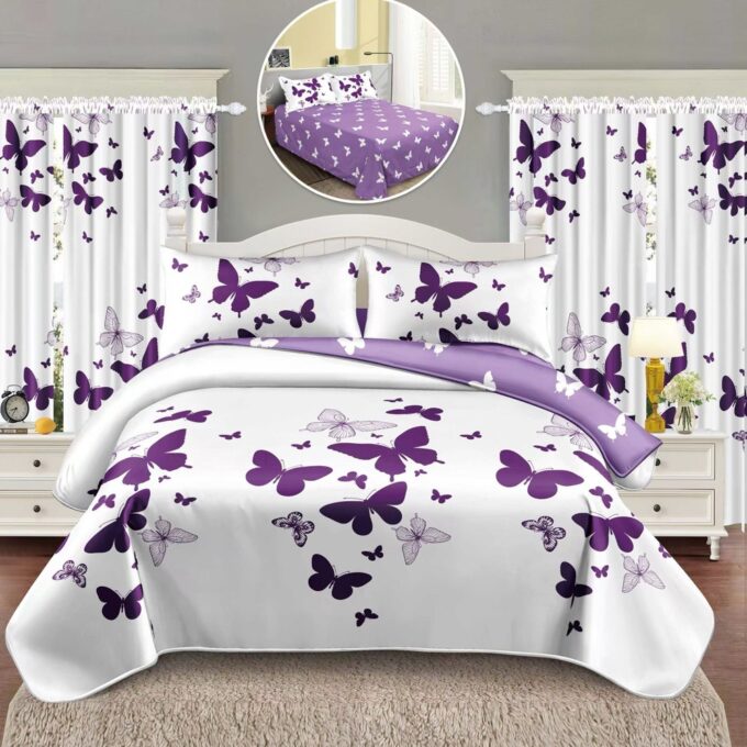 Lenjerie Pat Single, FINET, 6 piese, cu 2 DRAPERII INCLUSE, Mov, fluturi