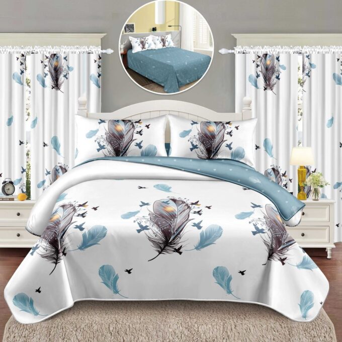 Lenjerie Pat Single, FINET, 6 piese, cu 2 DRAPERII INCLUSE, Alb, Bleu, pene