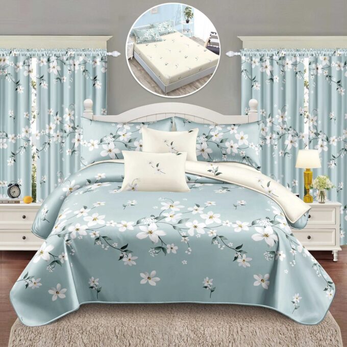 Set Lenjerie pat dublu cu Elastic (160x200cm, 180x200cm) + 2 draperii, finet, 8 piese, Bleu, flori