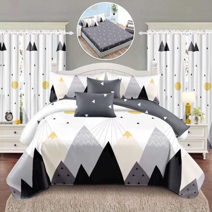 Set Lenjerie pat dublu cu Elastic (160x200cm, 180x200cm) + 2 draperii, finet, 8 piese, Alb, Gri, munti