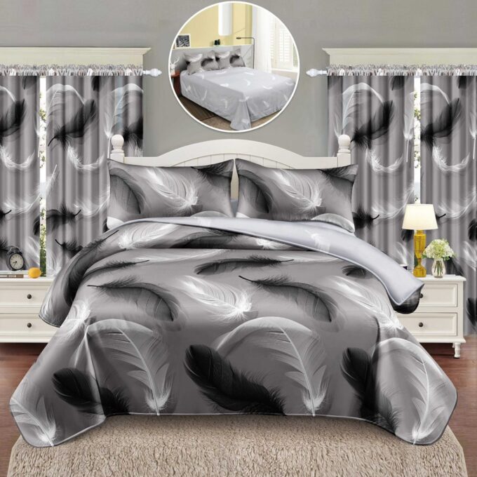 Lenjerie Pat Single, FINET, 6 piese, cu 2 DRAPERII INCLUSE, Gri, pene