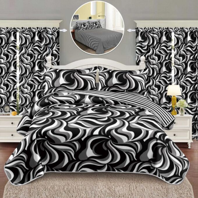 Lenjerie Pat Single, FINET, 6 piese, cu 2 DRAPERII INCLUSE, Alb, Negru, Gri, abastract