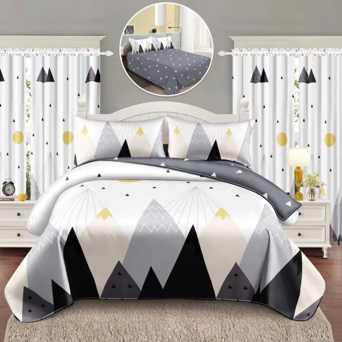 Lenjerie Pat Single, FINET, 6 piese, cu 2 DRAPERII INCLUSE, Alb, Gri, munti