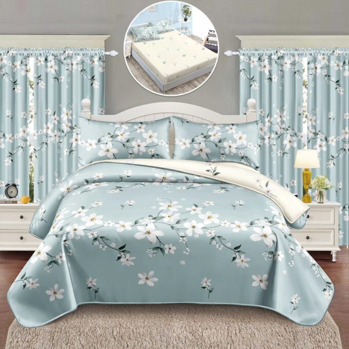 Set Lenjerie pat dublu cu Elastic (140x200cm) + 2 draperii, finet, 6 piese, Bleu, flori