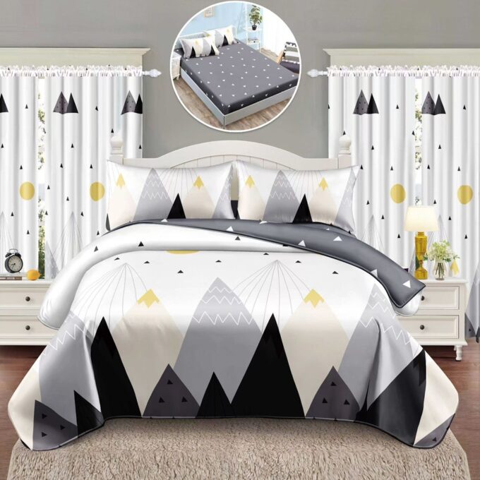 Set Lenjerie pat dublu cu Elastic (140x200cm) + 2 draperii, finet, 6 piese, Alb, Gri, munti