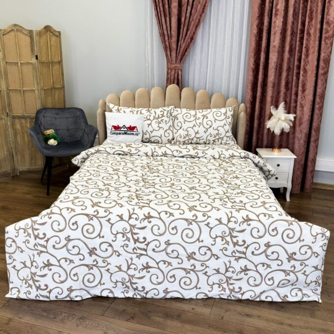 Lenjerie de Pat Dublu, Policoton Ranforsat, 4 piese, Atelier Cumparamisim, Alb, Maro, model clasic 1 Lenjerie de Pat Dublu, Policoton Ranforsat, 4 piese, Atelier Cumparamisim, Alb, Maro, model clasic