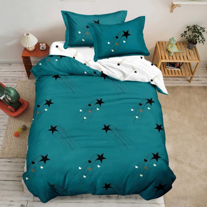 Lenjerie pat 1 PERSOANA, FINET, 4 piese, Alb, Verde, stelute 1 Lenjerie pat 1 PERSOANA, FINET, 4 piese, Alb, Verde, stelute