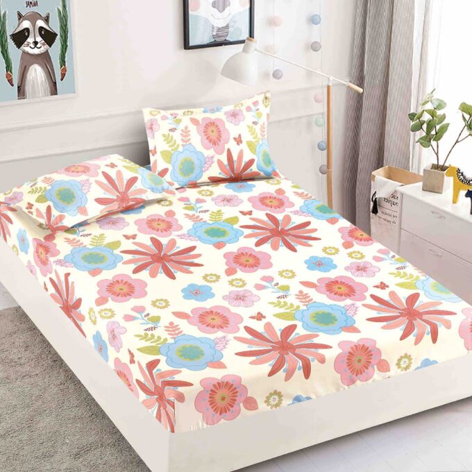 Cearsaf cu elastic, Bumbac FINET, 160/180x200cm, 2 fete de perne 50x70cm, Jojo Home, Crem, Roz, Bleu, flori