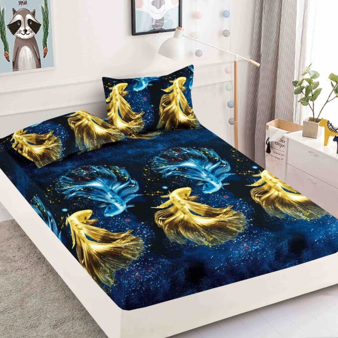 Cearsaf cu elastic, Bumbac FINET, 160/180x200cm, 2 fete de perne 50x70cm, Jojo Home, Bleumarin, pesti colorati