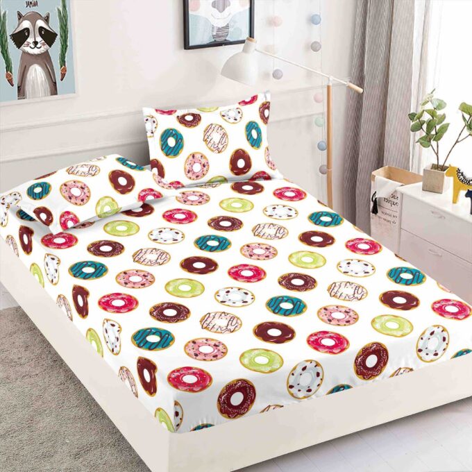 Cearsaf cu elastic, Bumbac FINET, 160/180x200cm, 2 fete de perne 50x70cm, Jojo Home, Alb, Multicolor, Gogosi