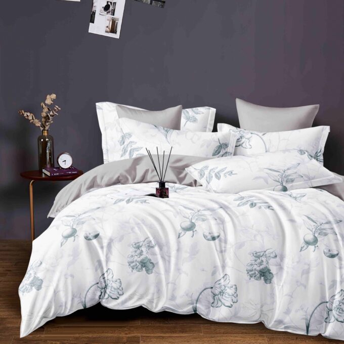 Lenjerie pat dublu, FINET, 6 piese, Jojo Home, Bleu, Gri, flori 1 Lenjerie pat dublu, FINET, 6 piese, Jojo Home, Bleu, Gri, flori