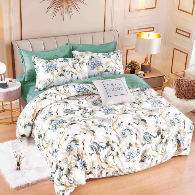 Lenjerie pat dublu, FINET, 6 piese, Jojo Home, Crem, Verde, floricele 1 Lenjerie pat dublu, FINET, 6 piese, Jojo Home, Crem, Verde, floricele