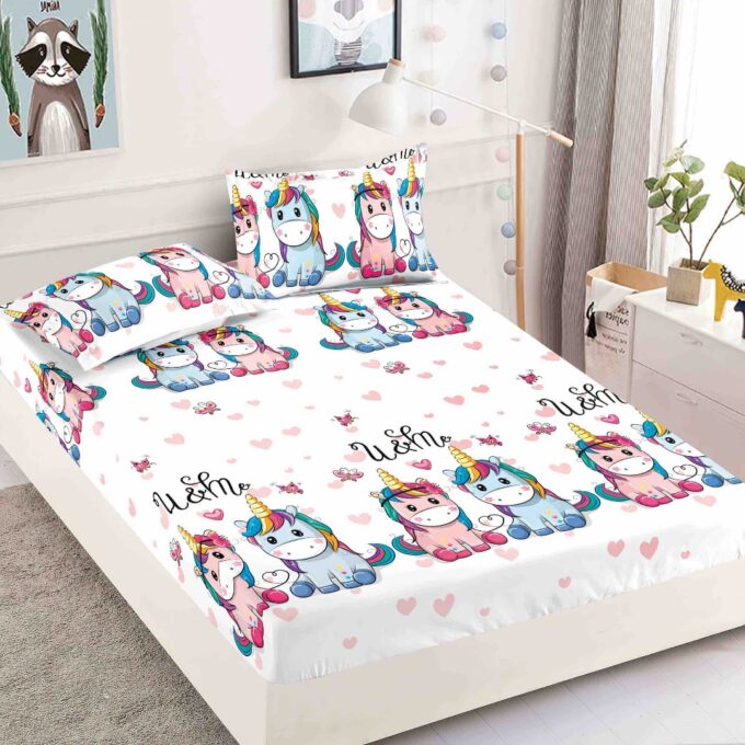 Cearsaf cu elastic, Bumbac FINET, 90x200cm, 2 fete de perne 50x70cm, Jojo Home, Alb, Unicorn 1 Cearsaf cu elastic, Bumbac FINET, 90x200cm, 2 fete de perne 50x70cm, Jojo Home, Alb, Unicorn