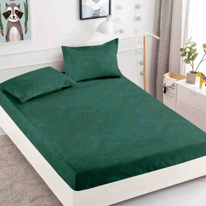 Cearsaf cu elastic, Bumbac FINET, 90x200cm, 2 fete de perne 50x70cm, Jojo Home, Verde, Model Floral