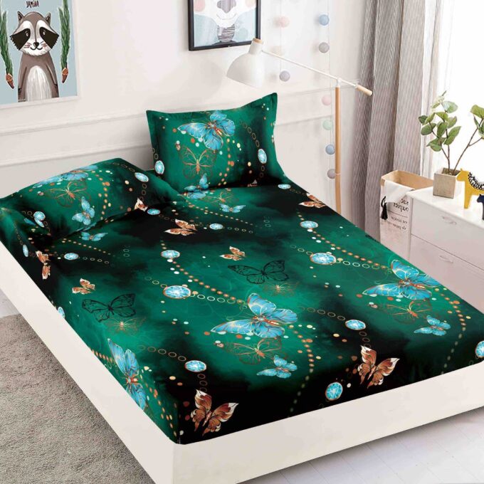 Cearsaf cu elastic, Bumbac FINET, 90x200cm, 2 fete de perne 50x70cm, Jojo Home, Verde, Fluturi