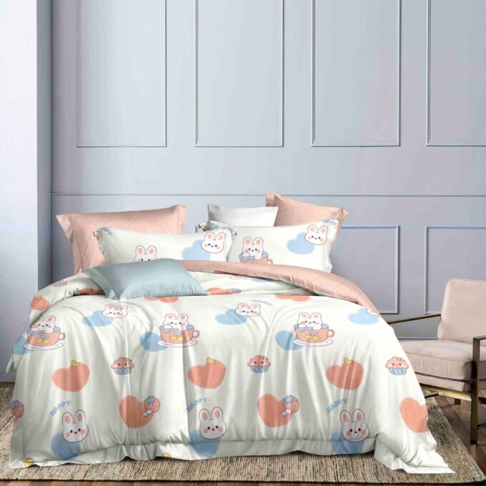 Lenjerie pat 1 PERSOANA, FINET, 4 piese, Jojo Home, Crem, Roz, Inimioare, Iepurasi 1 Lenjerie pat 1 PERSOANA, FINET, 4 piese, Jojo Home, Crem, Roz, Inimioare, Iepurasi