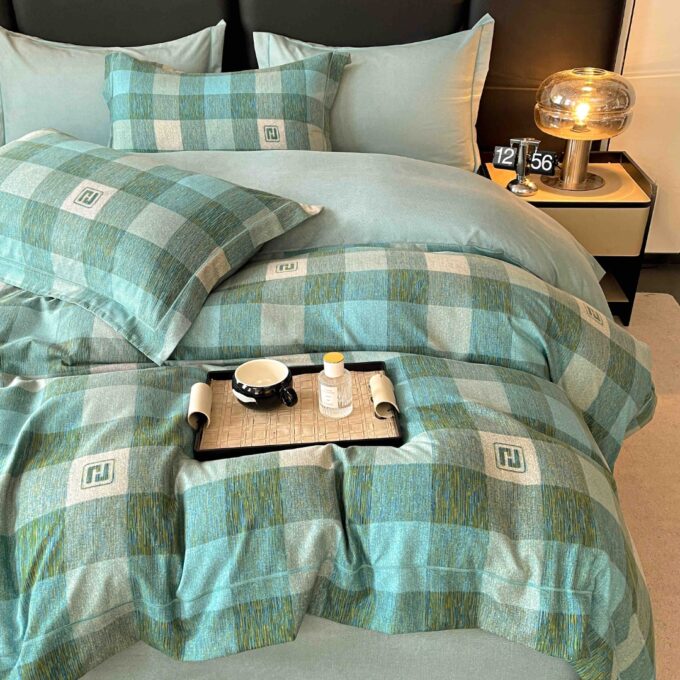 Lenjerie pat dublu, FINET DeLuxe, 6 piese, cu ELASTIC, Jojo Home, Cutie Eleganta, Verde, Bleu