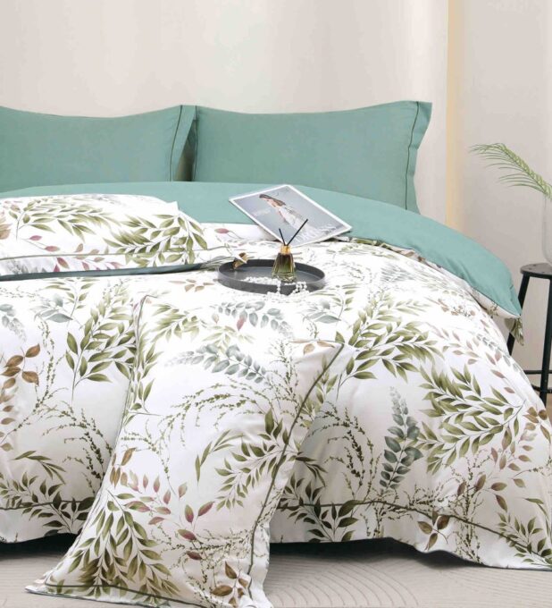 Lenjerie pat dublu, FINET DeLuxe, 6 piese, cu ELASTIC, Jojo Home, Cutie Eleganta, Alb, Verde, Menta, Frunze 1 Lenjerie pat dublu, FINET DeLuxe, 6 piese, cu ELASTIC, Jojo Home, Cutie Eleganta, Alb, Verde, Menta, Frunze