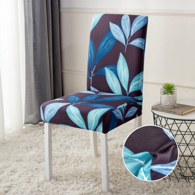 Set 4 huse universale pentru scaun, ELASTICE, Jojo Home, Albastru, Frunze