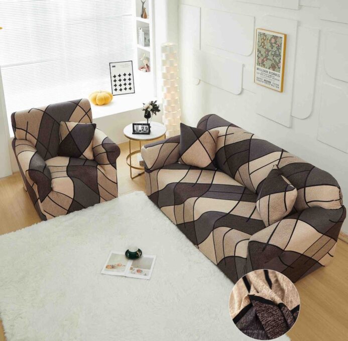 Husa Elastica Pentru Canapea 3 Locuri - L - Jojo Home, Bej, Maro, Forme Geometrice
