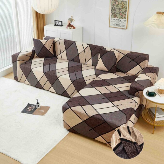 Set husa pentru coltar M + L, Elastica, Jojo Home, Bej, Maro, Forme Geometrice
