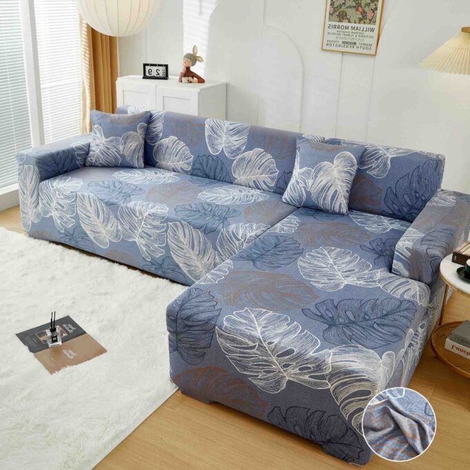 Set husa pentru coltar M + L, Elastica, Jojo Home, Gri, Frunze