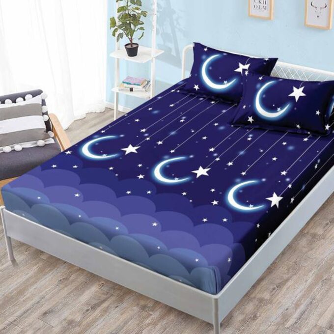 Cearsaf cu elastic, FINET, 180x200cm, 2 fete de perne 50x70cm, Albastru, luna si stele 1 Cearsaf cu elastic, FINET, 180x200cm, 2 fete de perne 50x70cm, Albastru, luna si stele