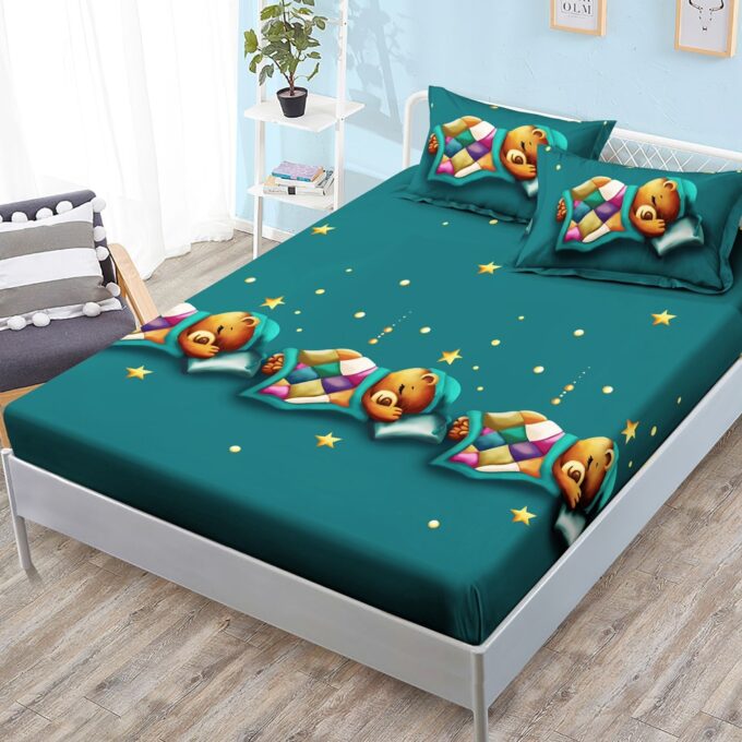 Cearsaf cu elastic, FINET, 180x200cm, 2 fete de perne 50x70cm, Verde, ursuleti 1 Cearsaf cu elastic, FINET, 180x200cm, 2 fete de perne 50x70cm, Verde, ursuleti
