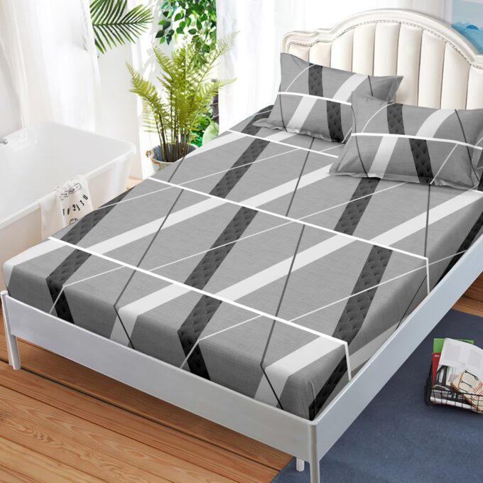 Cearsaf cu elastic, FINET, 180x200cm, 2 fete de perne 50x70cm, Gri, dungi 1 Cearsaf cu elastic, FINET, 180x200cm, 2 fete de perne 50x70cm, Gri, dungi