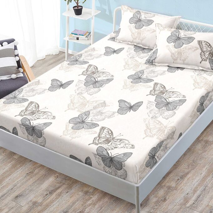 Cearsaf cu elastic, FINET, 180x200cm, 2 fete de perne 50x70cm, Crem, fluturi