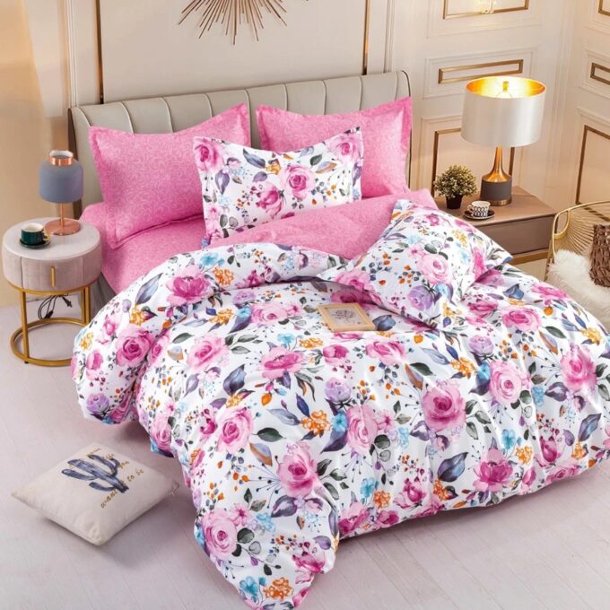 Lenjerie pat dublu, FINET, 6 piese, Jojo Home, Alb, Roz, flori 1 Lenjerie pat dublu, FINET, 6 piese, Jojo Home, Alb, Roz, flori