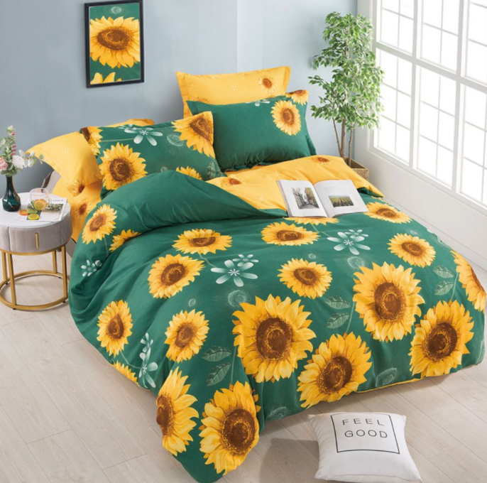 Lenjerie pat dublu, FINET, 6 piese, Jojo Home, Verde, Galben, flori 1 Lenjerie pat dublu, FINET, 6 piese, Jojo Home, Verde, Galben, flori