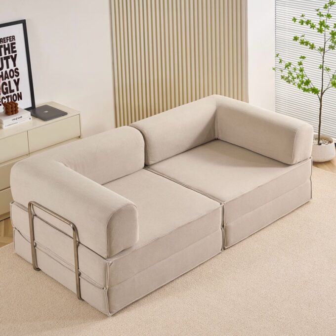 Canapea Modulara , Extensibila, cu Sustinere Ergonomica Modularis HD Foam, Catifea Reiata, Ivoire