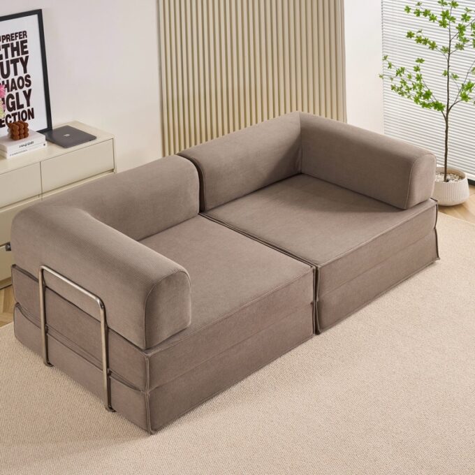 Canapea Modulara , Extensibila, cu Sustinere Ergonomica Modularis HD Foam, Catifea Reiata, Bej