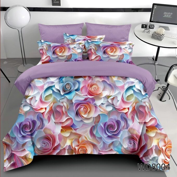Lenjerie pat dublu, FINET, 5D Digital Print, cu Elastic, 6 piese, Lila, Trandafiri Multicolori 1 Lenjerie pat dublu, FINET, 5D Digital Print, cu Elastic, 6 piese, Lila, Trandafiri Multicolori