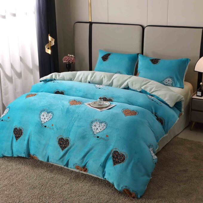 Lenjerie pat dublu, Super Pufoasa COCOLINO, 4 piese, Bleu, inimioare