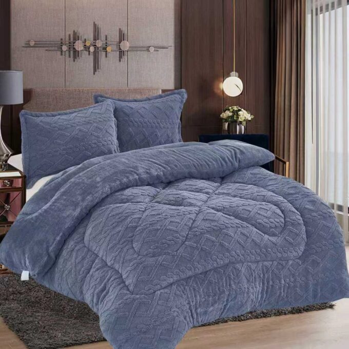 Pilota Cocolino gofrat 3D tricotaj, cu blanita asortata, 200x230cm si 2 fete de perna 50x70cm, Gri albastrui